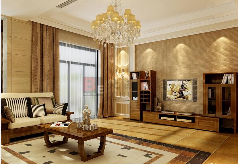 百色星光大道60平米二居室客厅实木家具橱柜电视墙马赛克地砖效果图